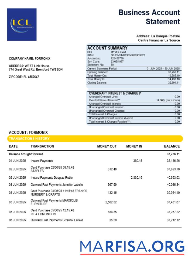 Downloadable Centre National des Chèques Postaux company statement Word and PDF format template